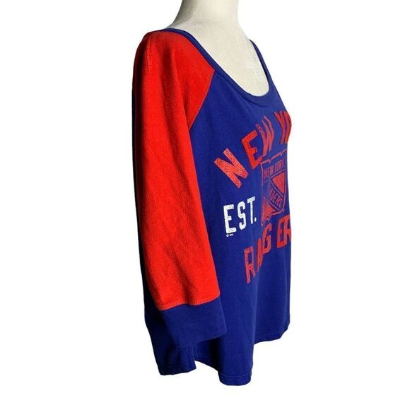 NHL New York Rangers Pullover Knit Top L Blue Red Raglan Sleeves Scoop Neck - Picture 3 of 6